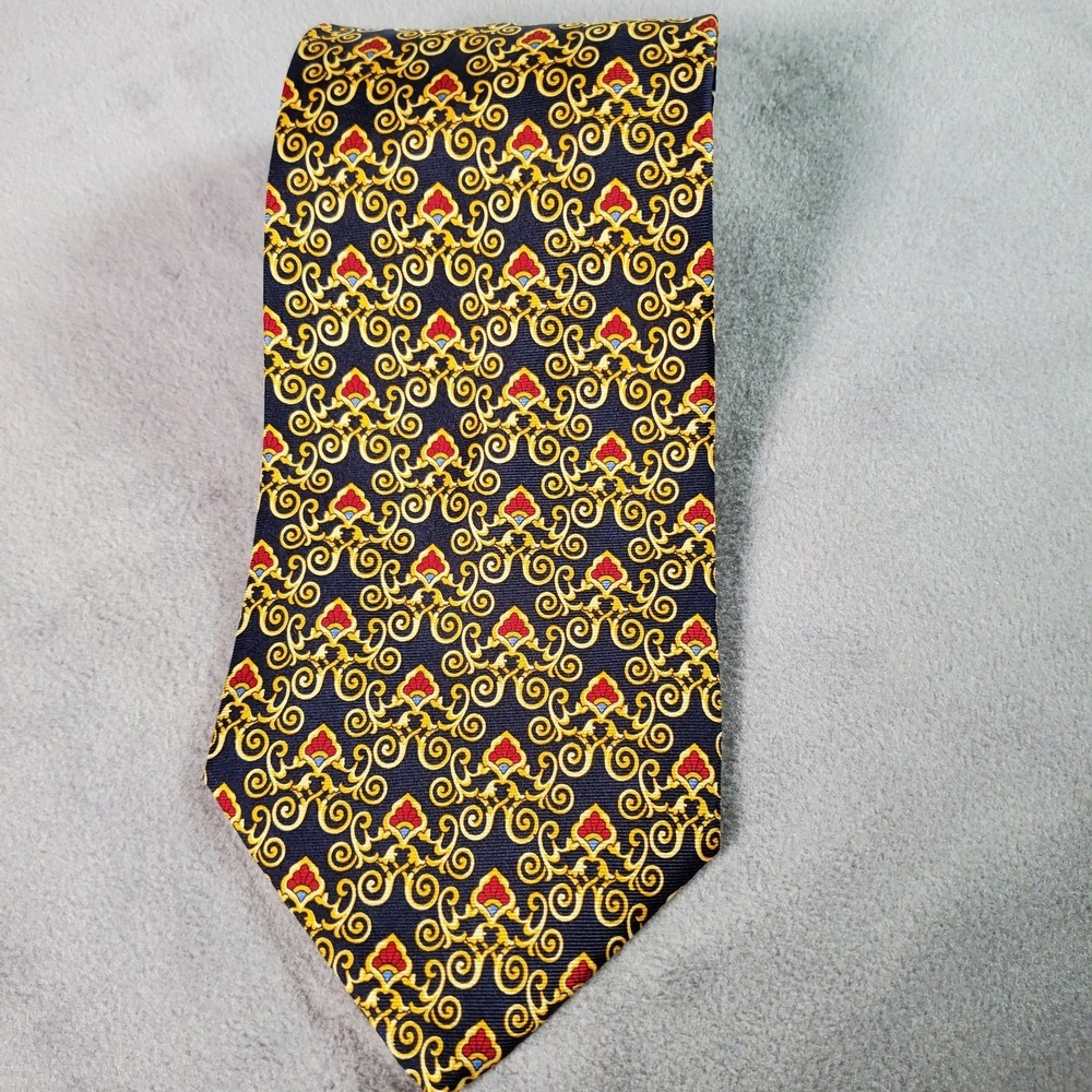 VTG Paolo Gucci Tie Mens Navy Gold Silk Made Italy Baroque Medallion Luxury 80s - Picture 2 of 7